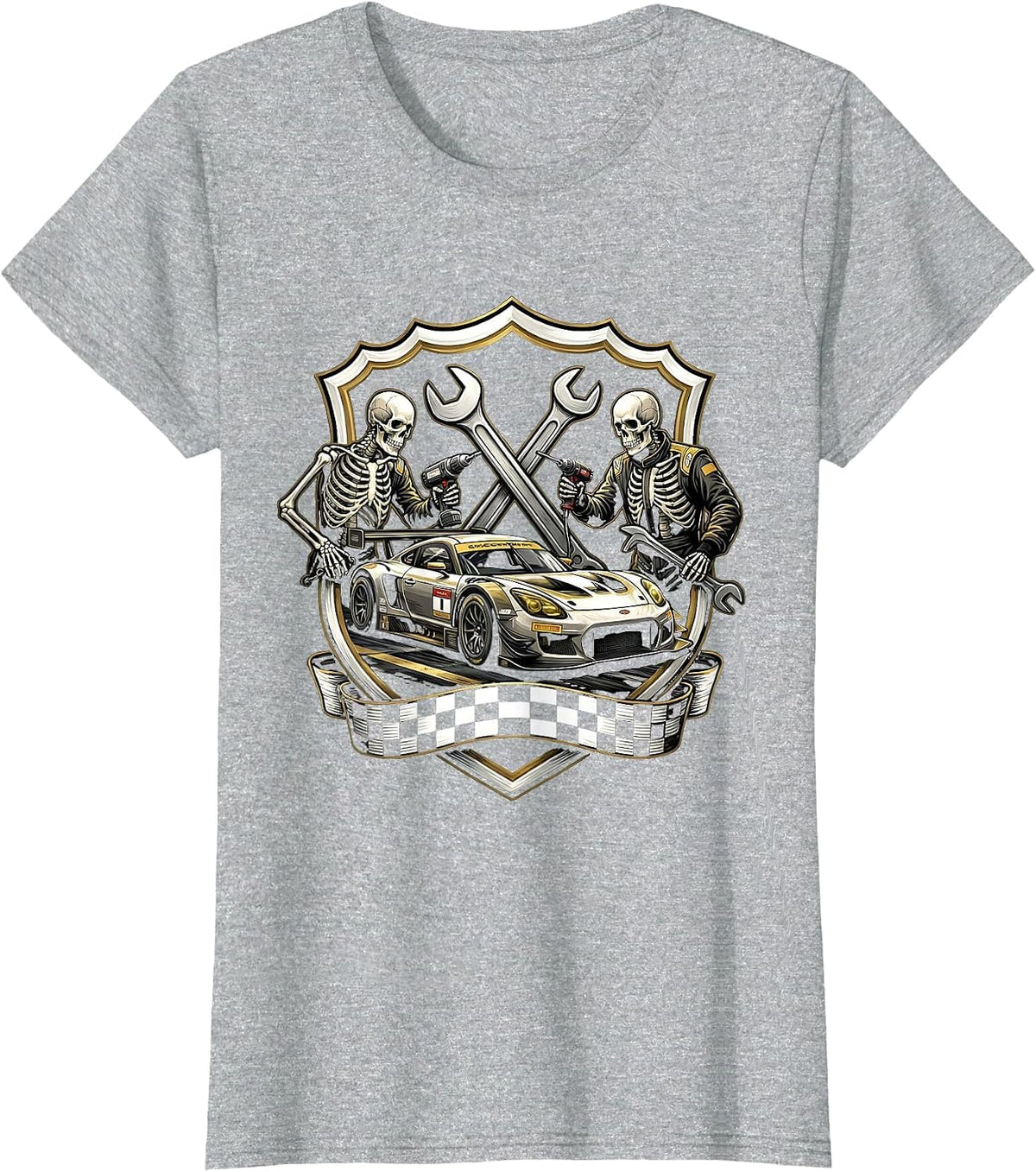 Race Car Skeleton Crew Pit Stop Graphic Tee T-Shirt - Heather Grey