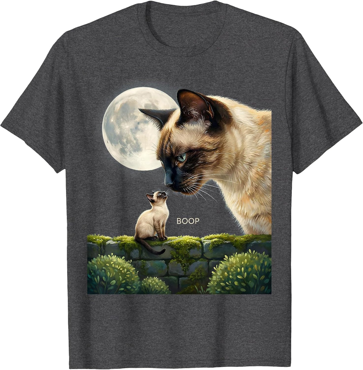 Boop Siamese Cat Howling at Moon Fantasy Nostalgia T-Shirt - Dark Heather Grey