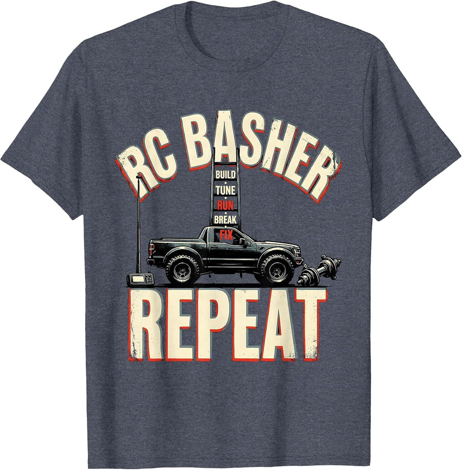 RC Basher Build Tune Run Break Fix Repeat Racing T-Shirt - Heather Blue