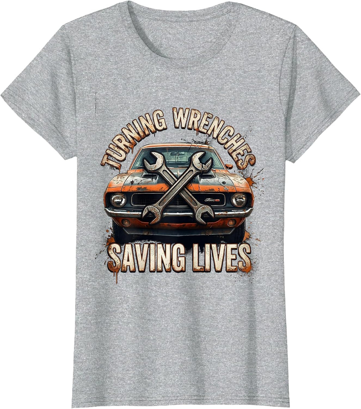 Turning Wrenches Saving Lives Mechanic Design T-Shirt - Heather Grey