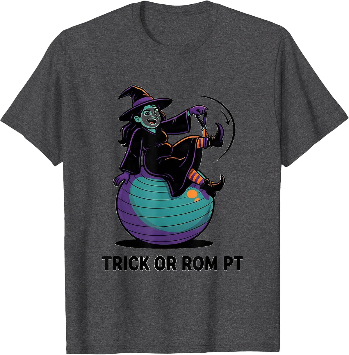 Men's Trick Or ROM PT Cartoon Physical Therapy Halloween Therapist T-Shirt - Dark Heather Grey