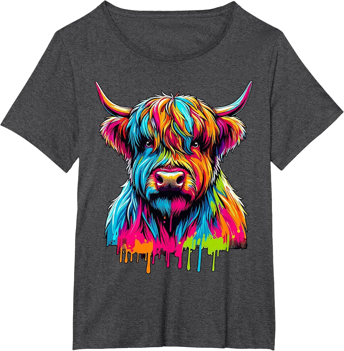 Colorful Highland Cow T-Shirt - Dark Heather Grey