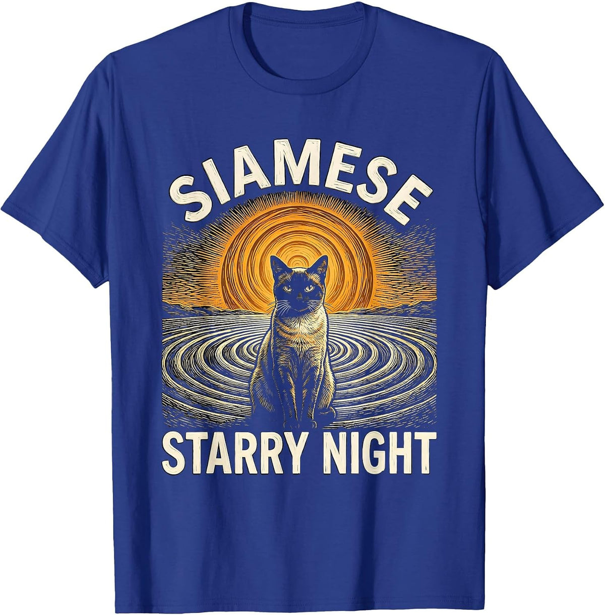 Siamese Starry Night Whimsical Van Gogh Cat Lover Art T-Shirt - Royal Blue