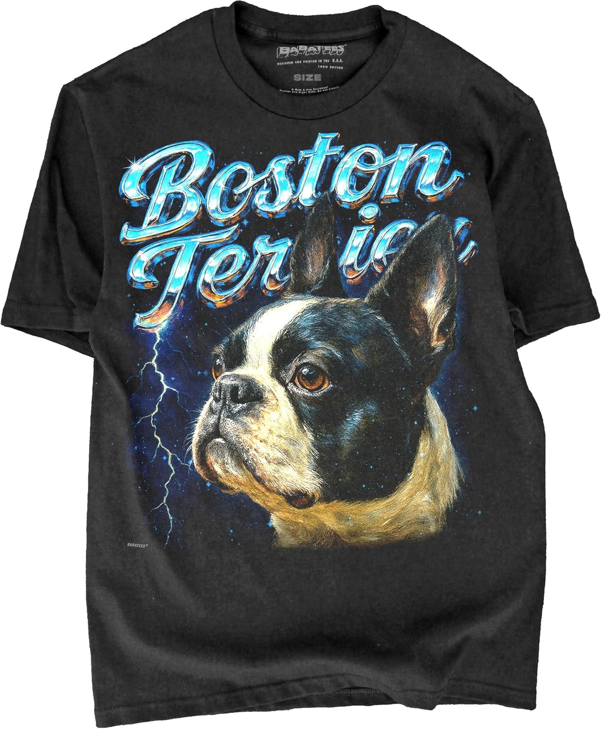 Heavy Metal Tshirt for Men & Women 80s 90s Glam Rock Style with Epic Stars and Lightning - Boston Terrier