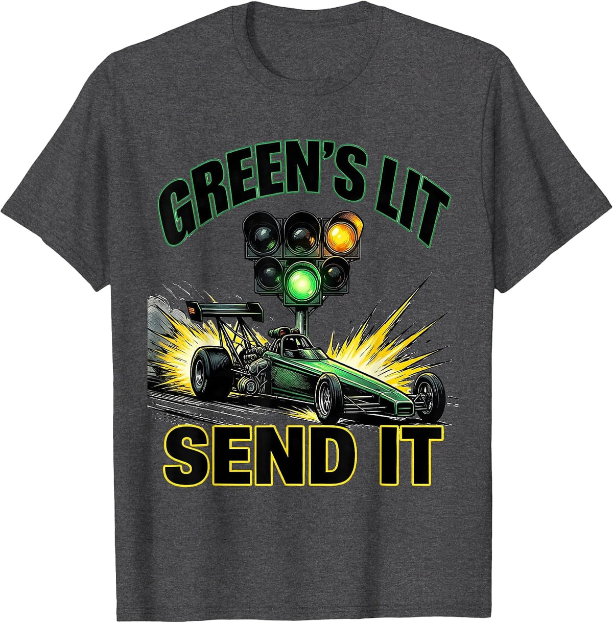 Green's Lit Send It Comic Book Drag Racing Humor T-Shirt - Dark Heather Grey