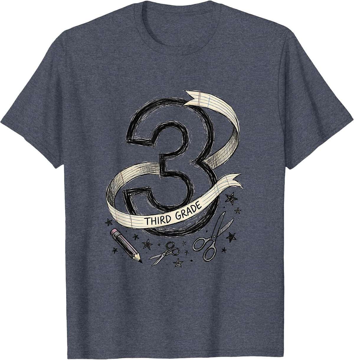3RD GRADE THIRD GRADE Hand-Sketched Teacher Back to School T-Shirt - Heather Blue