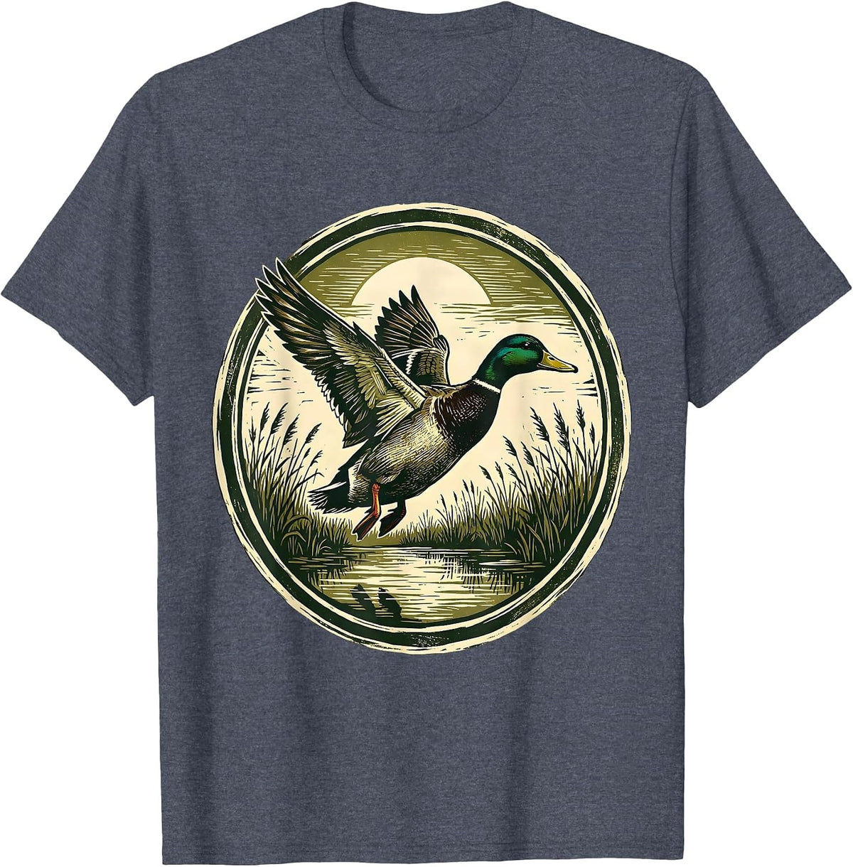 Camo Duck Flying Over Marshland at Dawn T-Shirt - Heather Blue