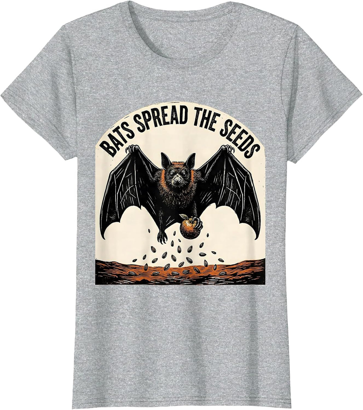 Bats Spread The Seeds Linocut Bat Lover Halloween Nature T-Shirt - Heather Grey