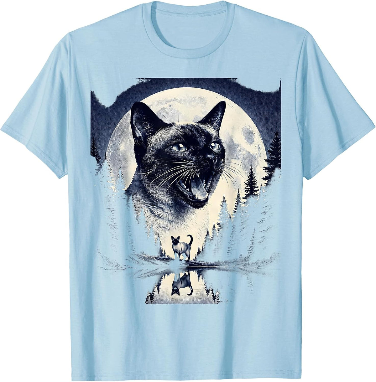 Men's Siamese Cat Howling at Moon 90's Retro Nature Art T-Shirt - Baby Blue