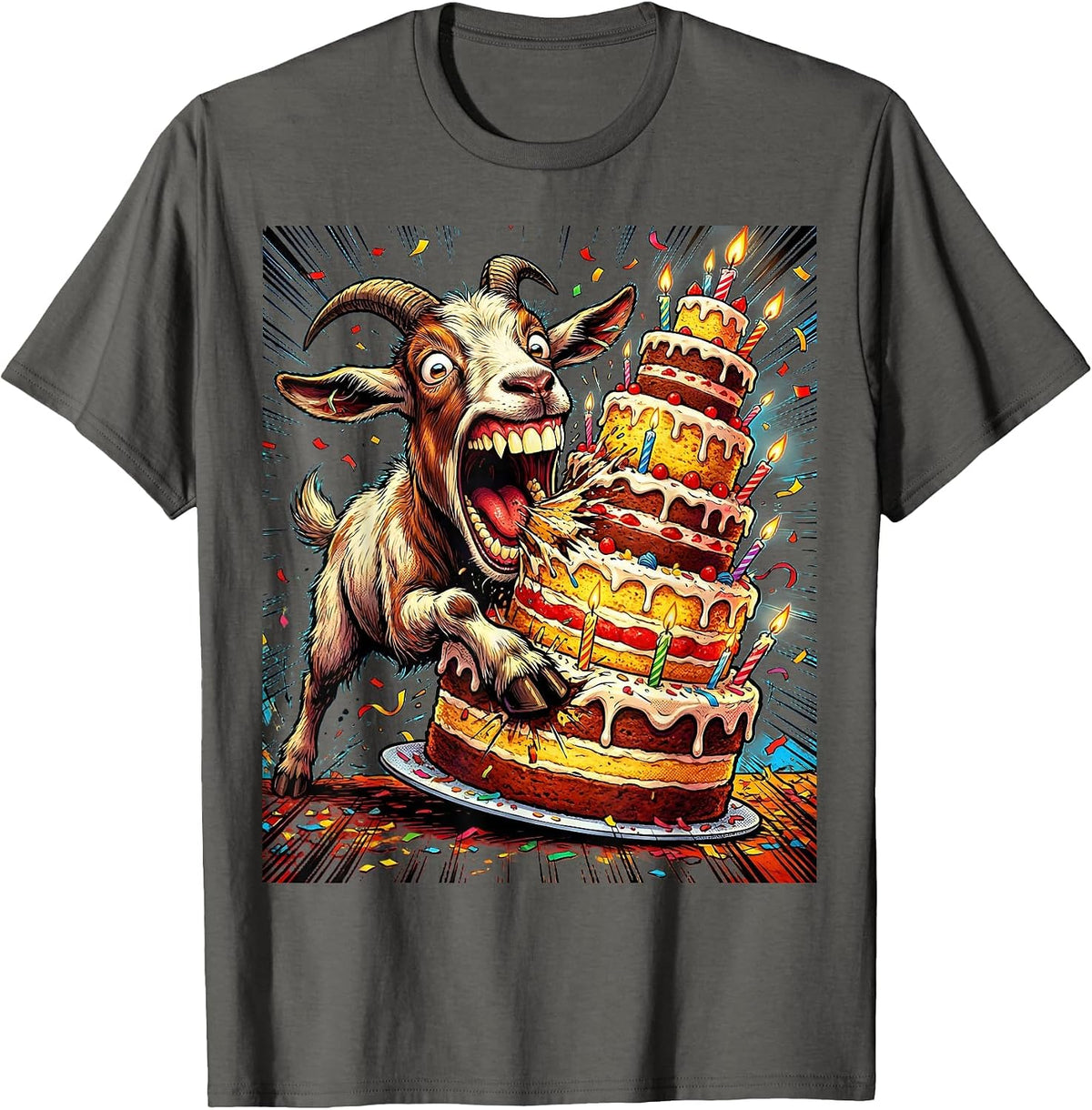 Men's Funny Goat Eating Whole Birthday Cake Illustration T-Shirt - Asphalt Grey