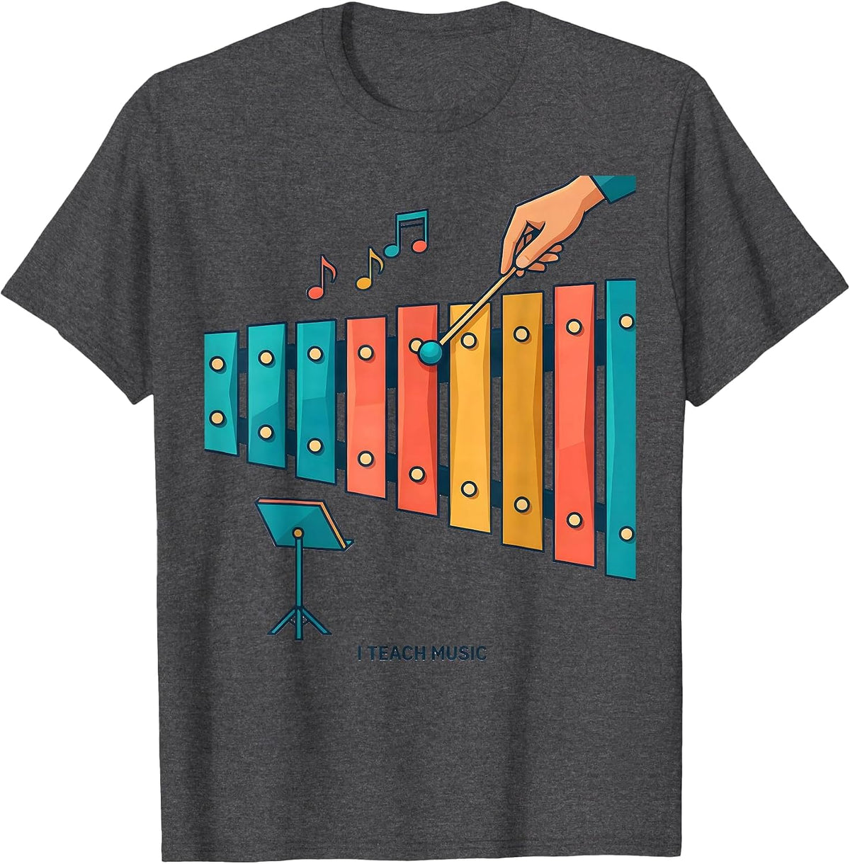 I Teach Music Flat Vector Teacher Appreciation Back T-Shirt - Dark Heather Grey