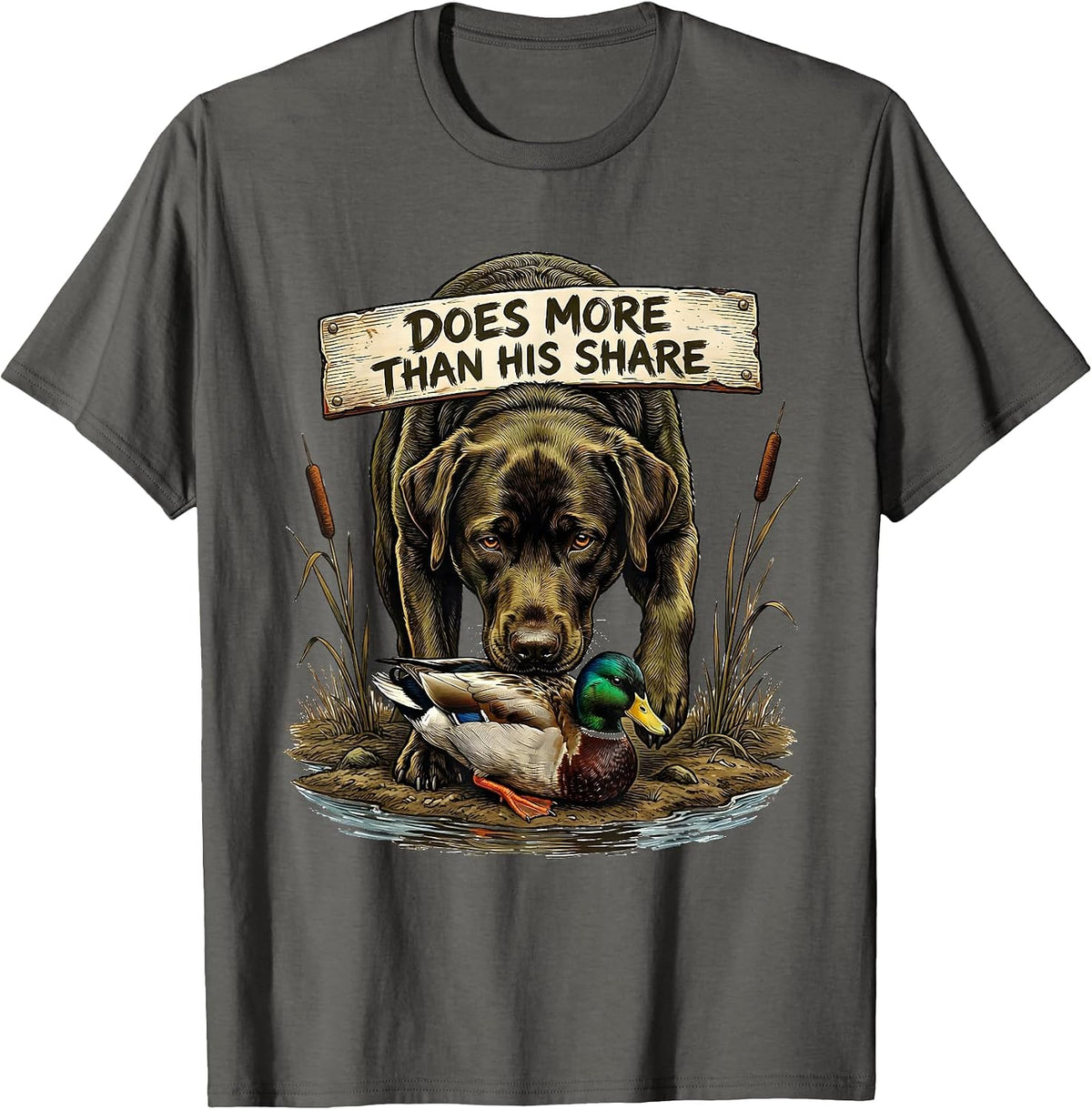 Does More Than His Share Labrador Hunting Dog Marsh Scene T-Shirt - Asphalt Grey
