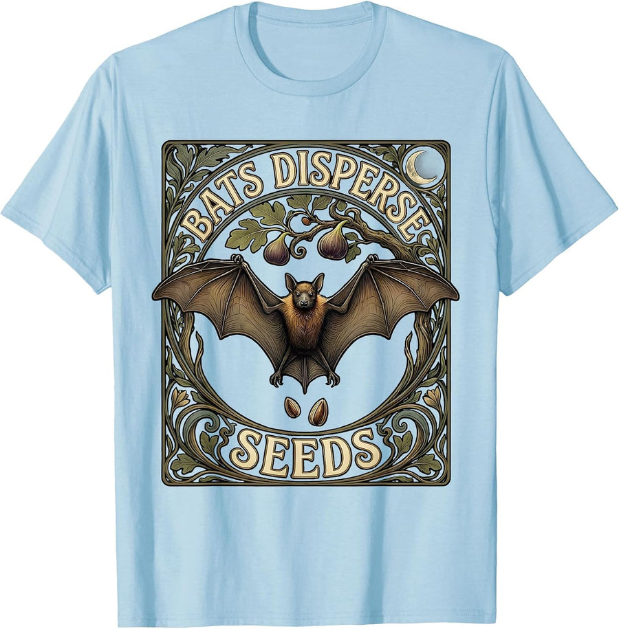 Men's Bats Disperse Seeds Art Nouveau Bat Lover Halloween Nature T-Shirt - Baby Blue