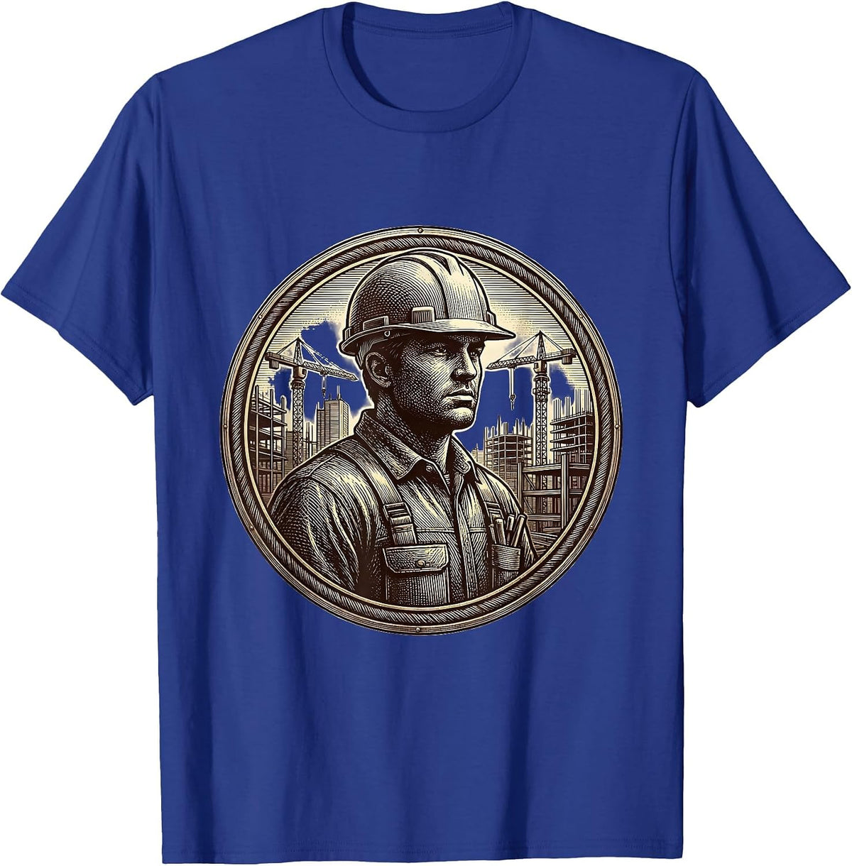 Construction Worker Skyline Silhouette Blue Collar T-Shirt - Royal Blue