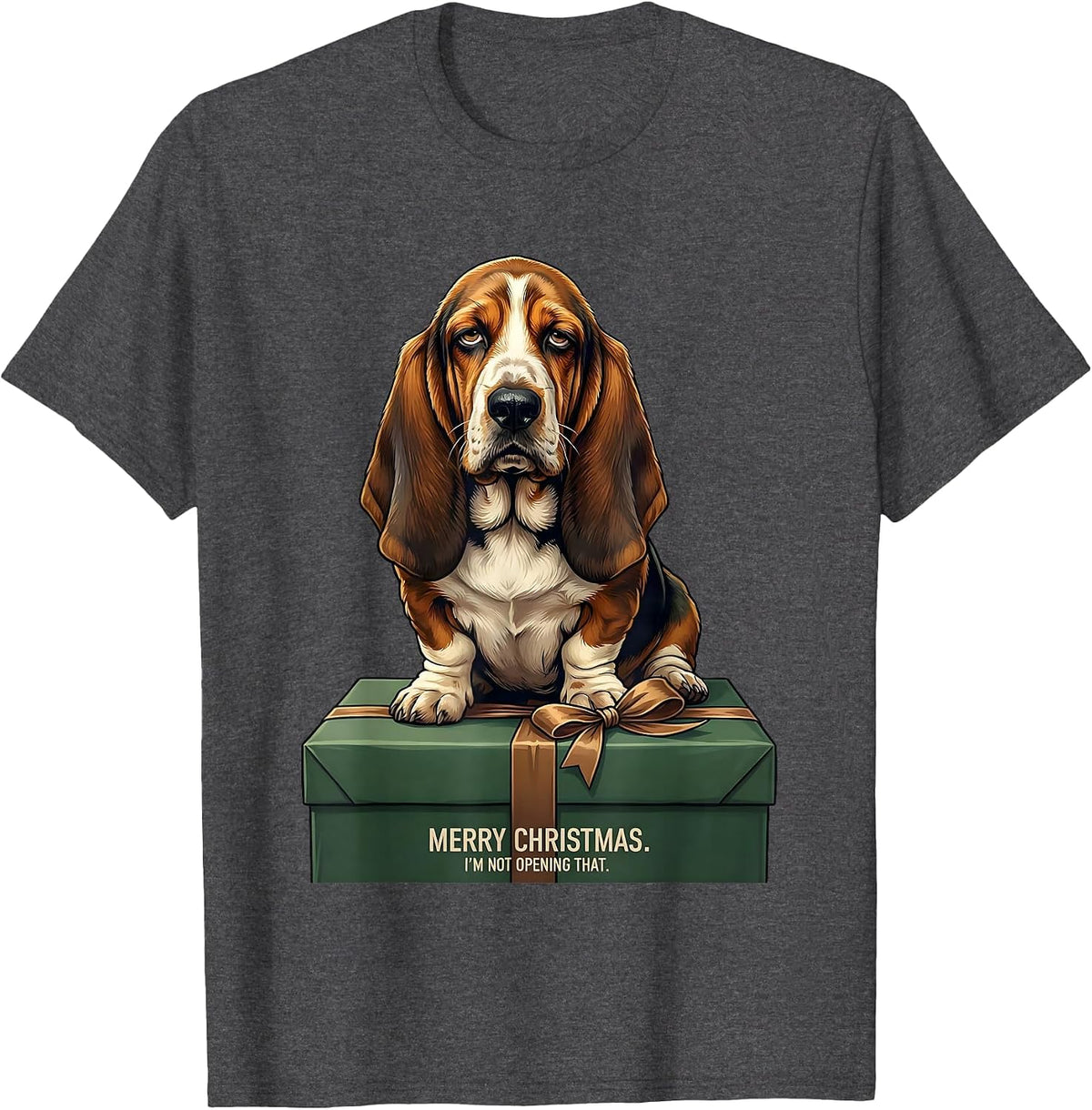 Men's Merry Christmas I'm Not Opening That Funny Basset Hound Dog T-Shirt - Dark Heather Grey