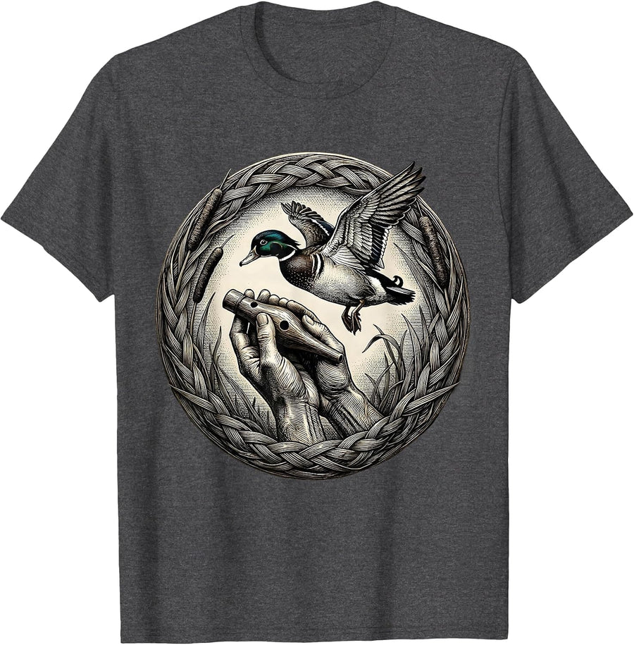 Men's Duck Caller Weathered Lips Hunting Illustration T-Shirt - Dark Heather Grey