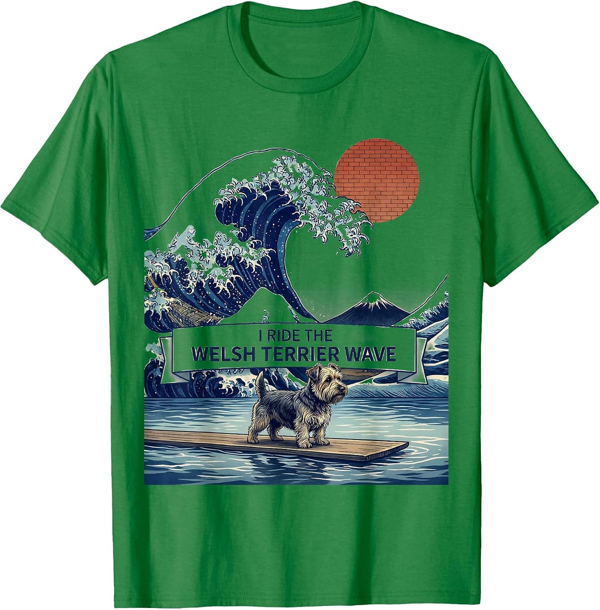 Men's I Ride The Welsh Terrier Wave Ukiyo-e Dog Breed Surfing T-Shirt - Kelly Green