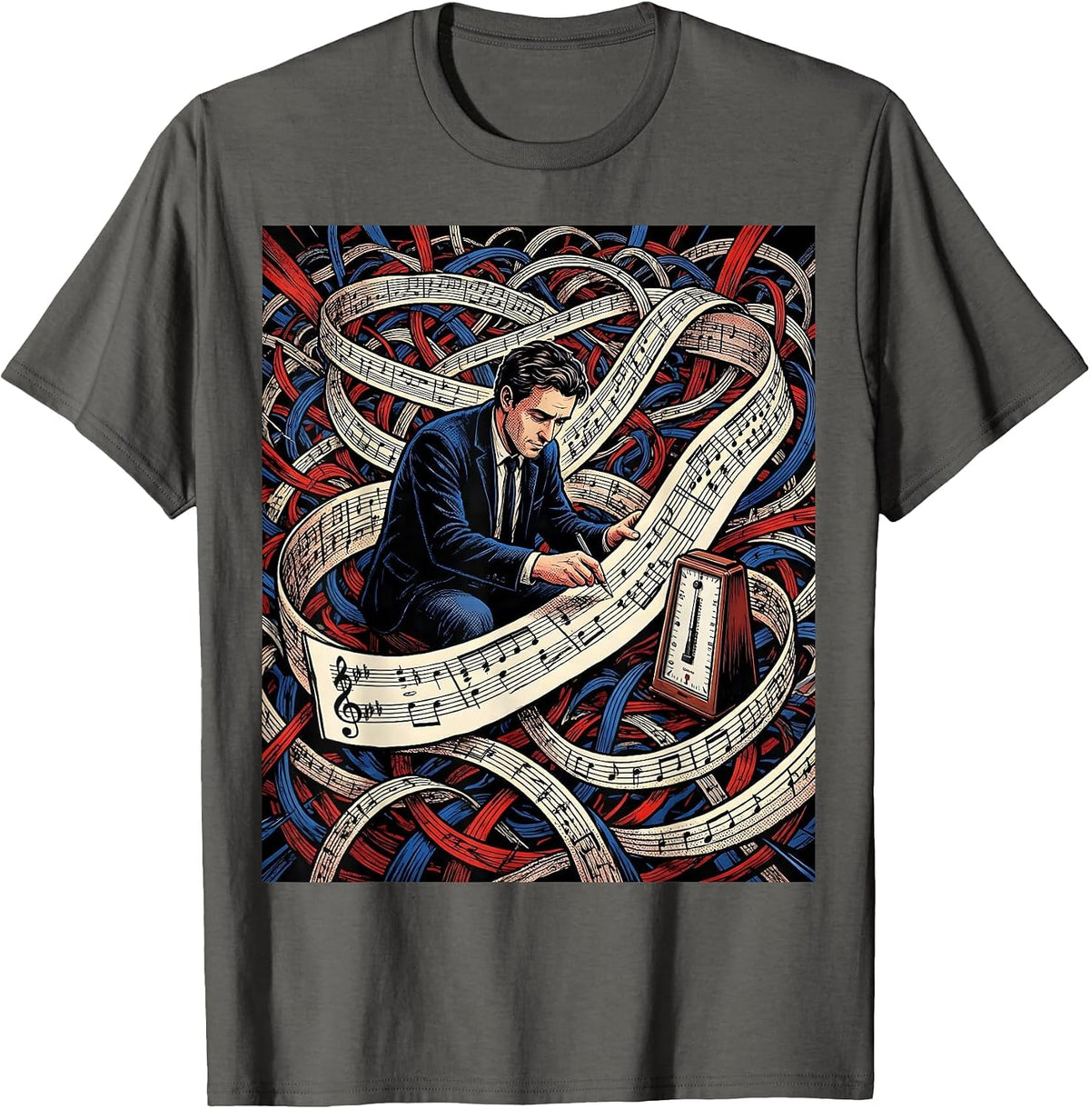 Men's Comic Musician Tangled Music Score Gift T-Shirt - Asphalt Grey