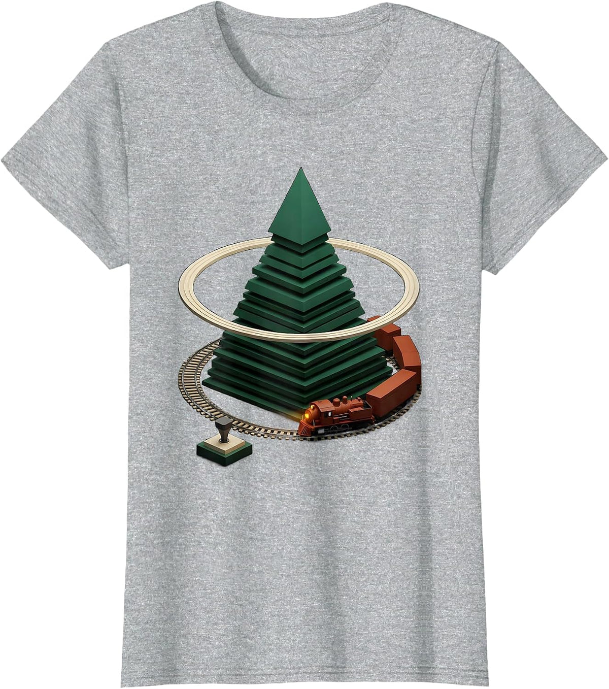 Stacked Tree Train Geometric Vintage Holiday T-Shirt - Heather Grey