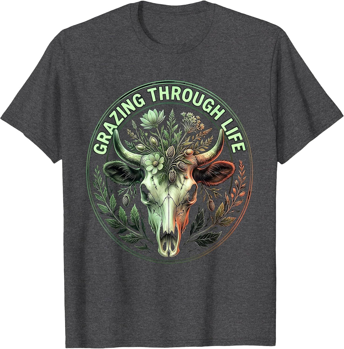 Grazing Through Life Cow Lover Design T-Shirt - Dark Heather Grey