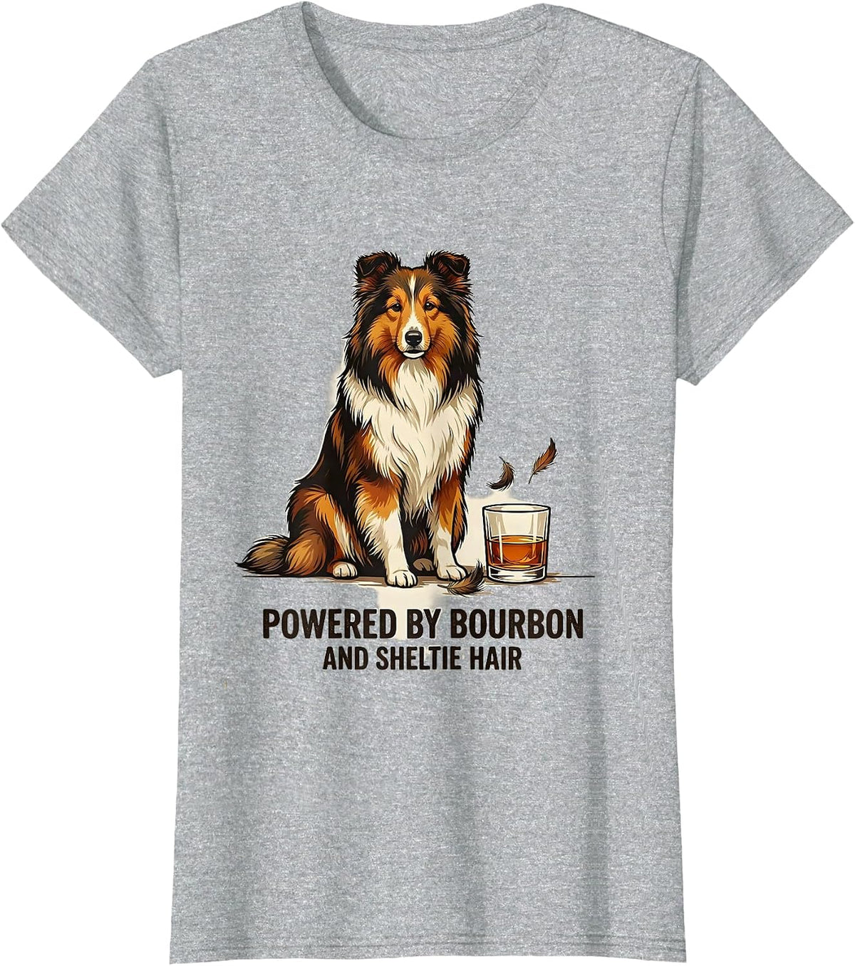 Women's Powered By Bourbon And Sheltie Hair Vintage Dog Owner Coffee T-Shirt - Heather Grey