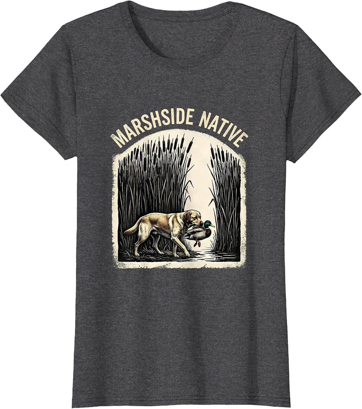 Women's Marshside Native Rubber Stamp Labrador Duck Hunting Southern T-Shirt - Dark Heather Grey