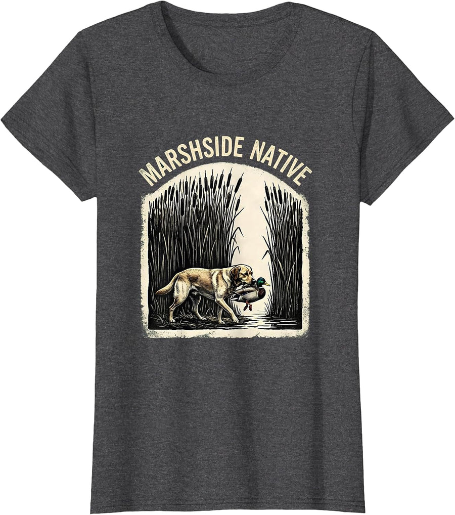 Women's Marshside Native Rubber Stamp Labrador Duck Hunting Southern T-Shirt - Dark Heather Grey