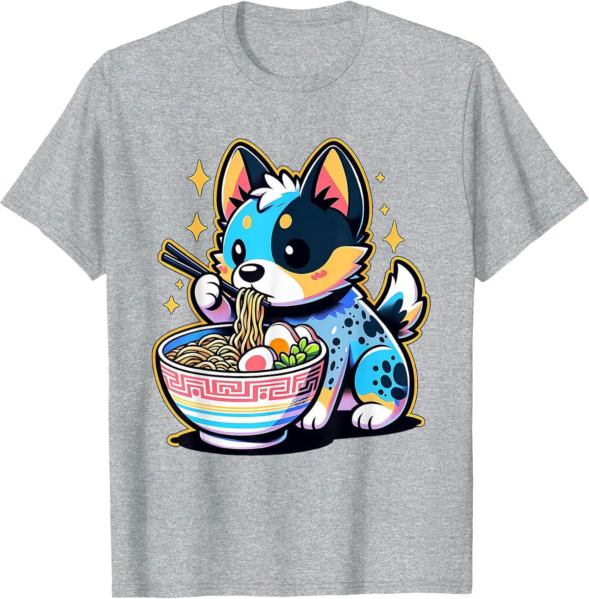Kawaii Anime Blue Heeler Dog Ramen T-Shirt - Heather Grey