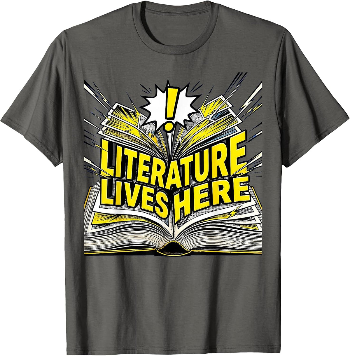 Literature Lives Here Reading Teacher Design T-Shirt - Asphalt Grey