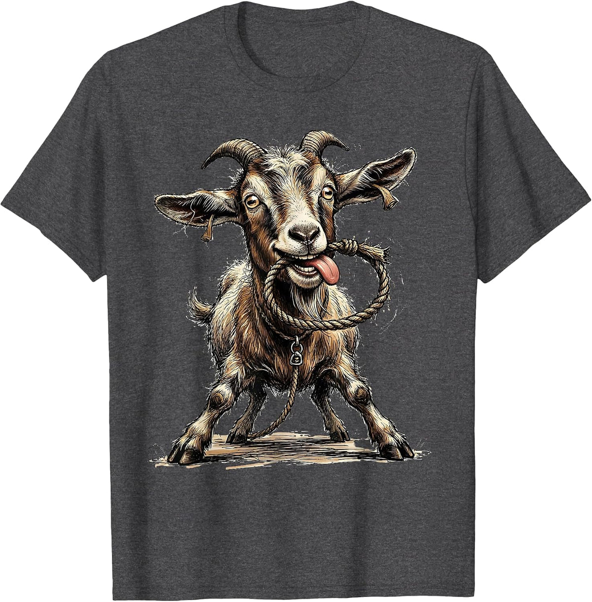 Derpy Goat Eating Its Own Leash Funny Animal T-Shirt - Dark Heather Grey