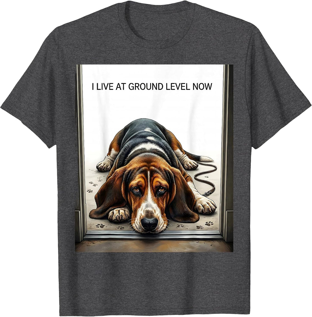 Men's I Live At Ground Level Now Funny Basset Hound Dog Lover Gift T-Shirt - Dark Heather Grey