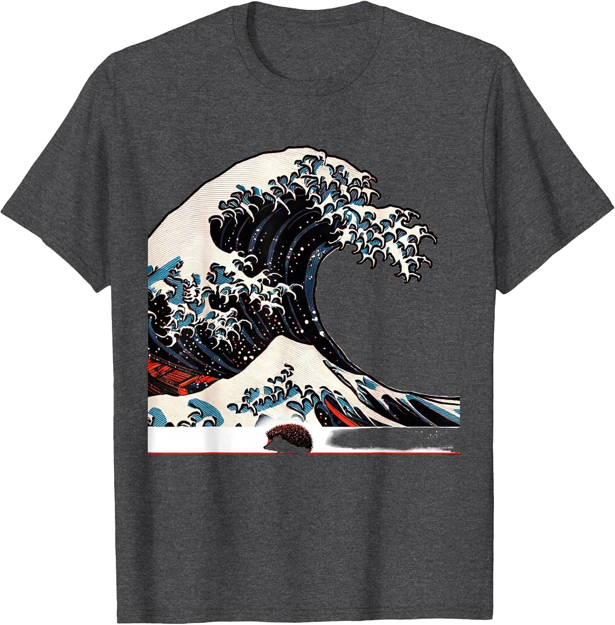Men's Wave Crest Hedgehog Japanese Art Animal Humor T-Shirt - Dark Heather Grey