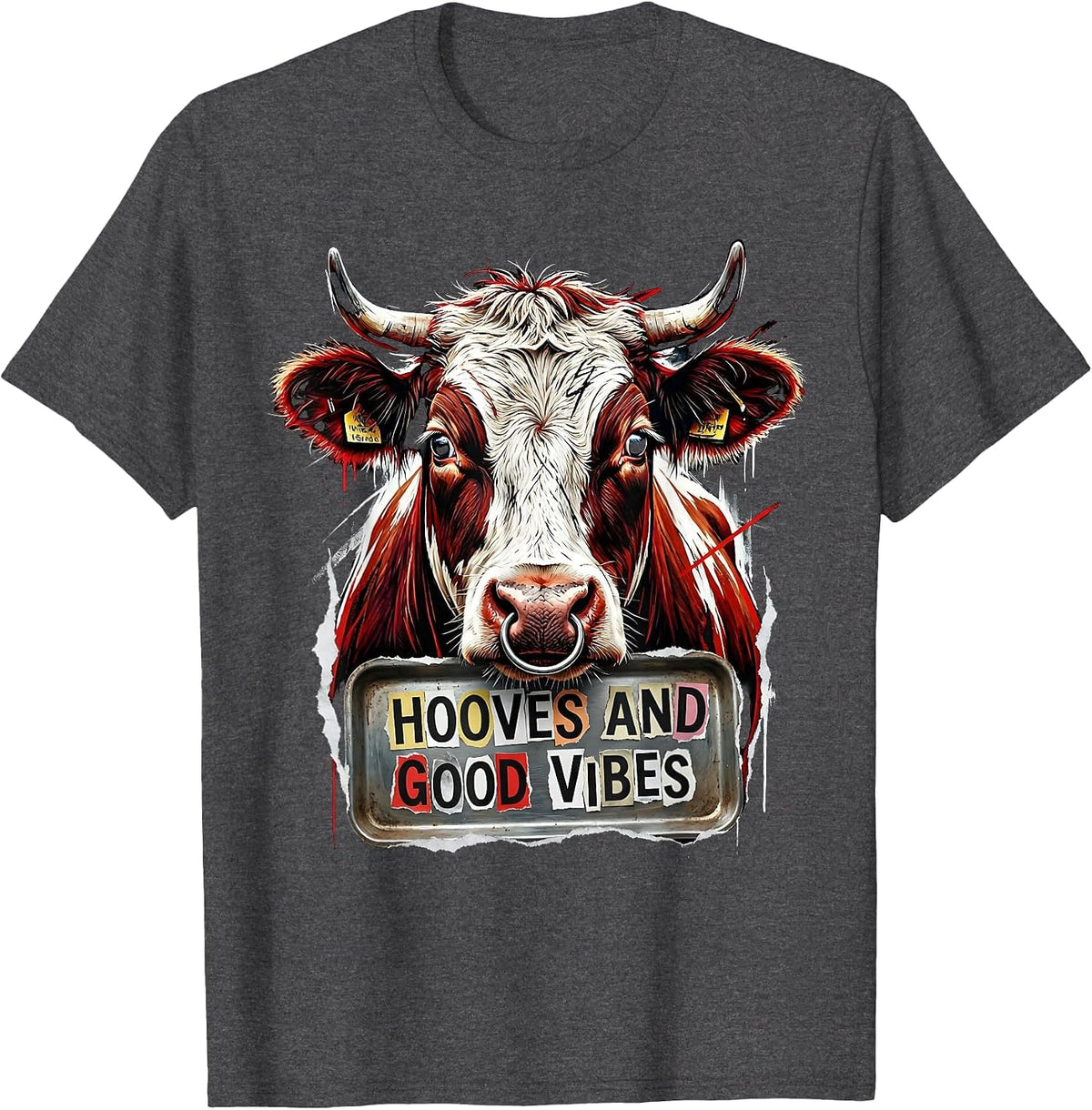 Hooves and Good Vibes Cow Lover Design T-Shirt - Dark Heather Grey
