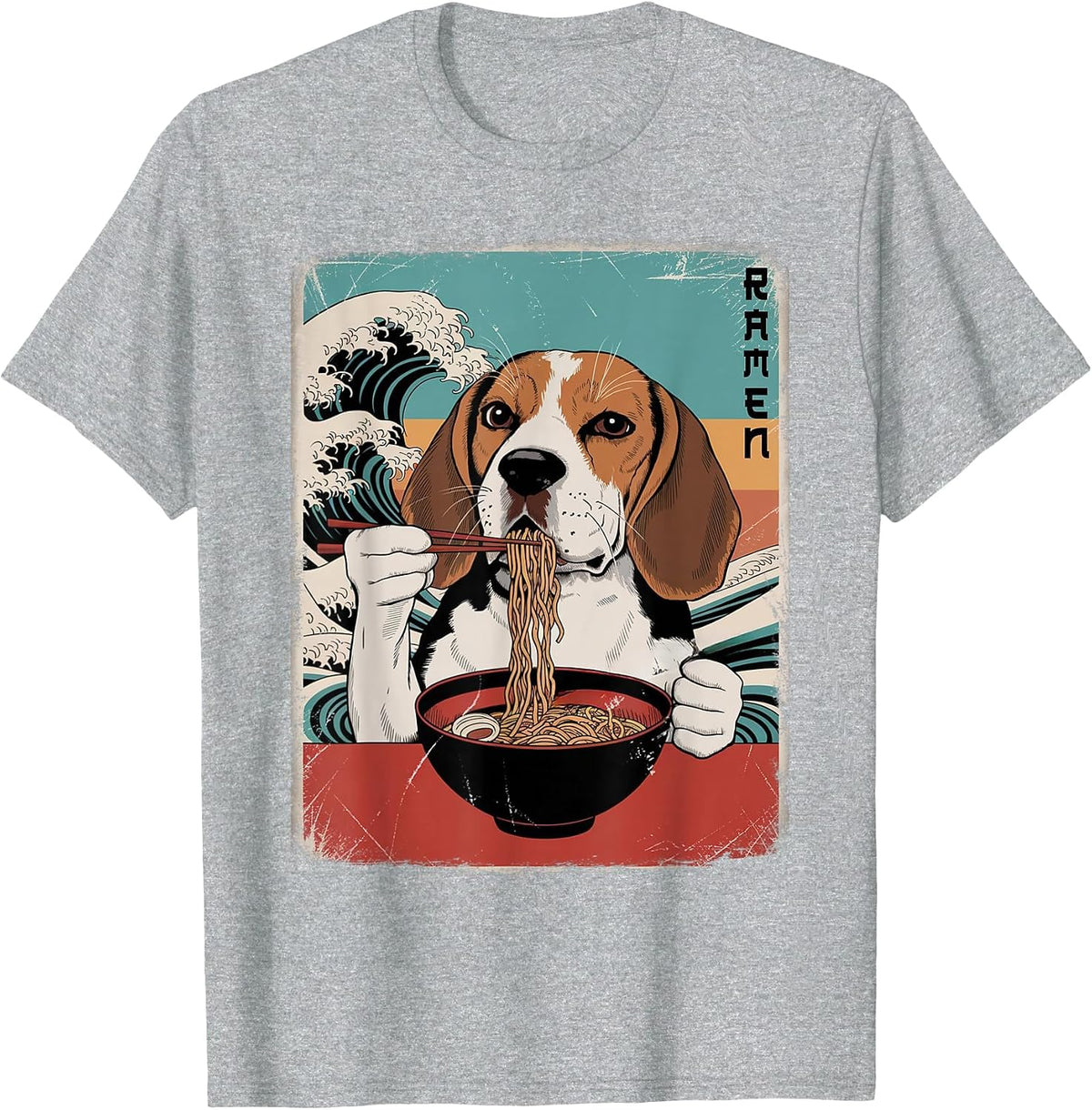 Beagle Eat Ramen Noodles Japanese Art Retro Ocean Waves T-Shirt - Heather Grey