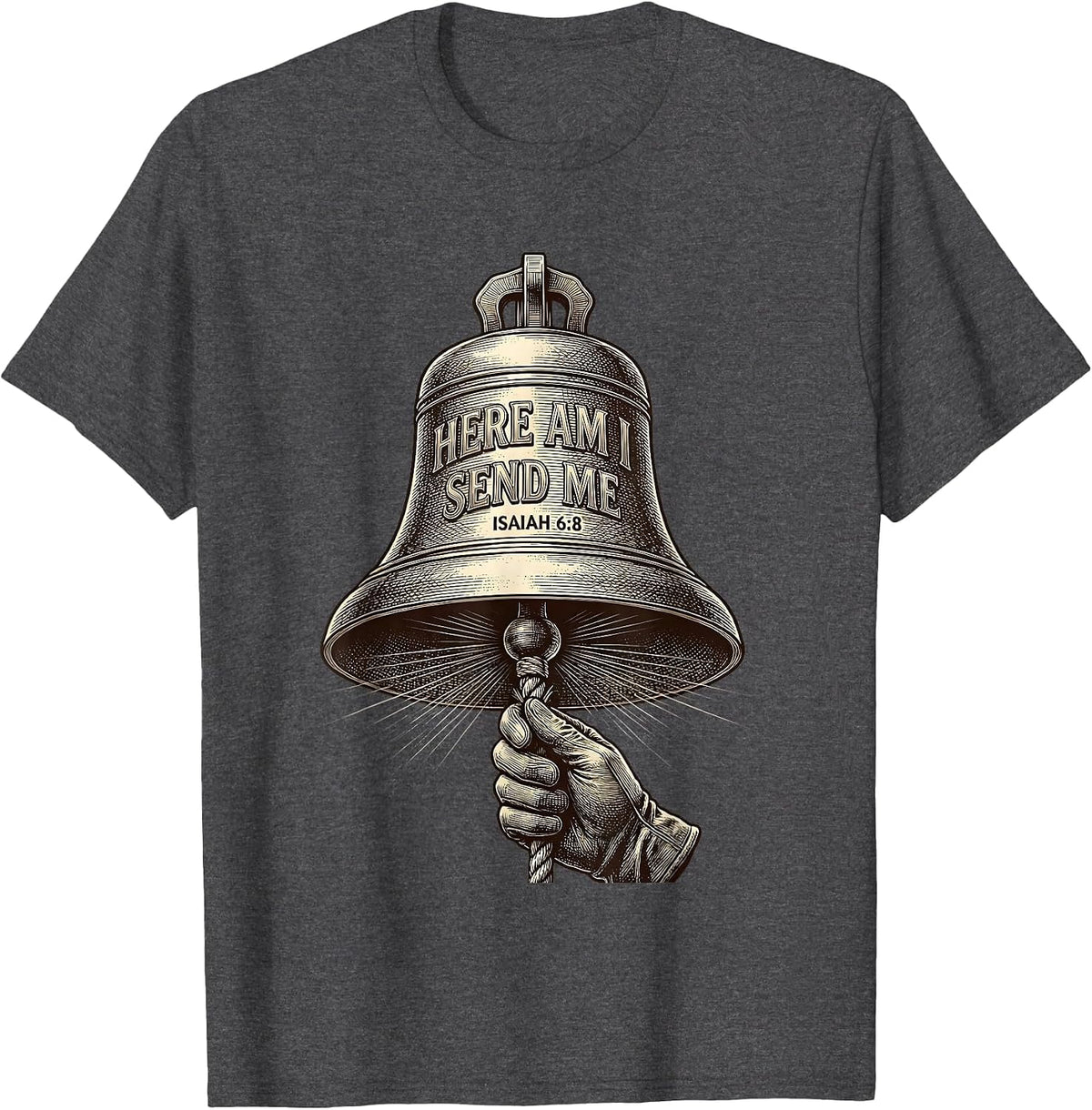 Men's Here Am I Send Me Isaiah 68 Crosshatch Etching Christian T-Shirt - Dark Heather Grey