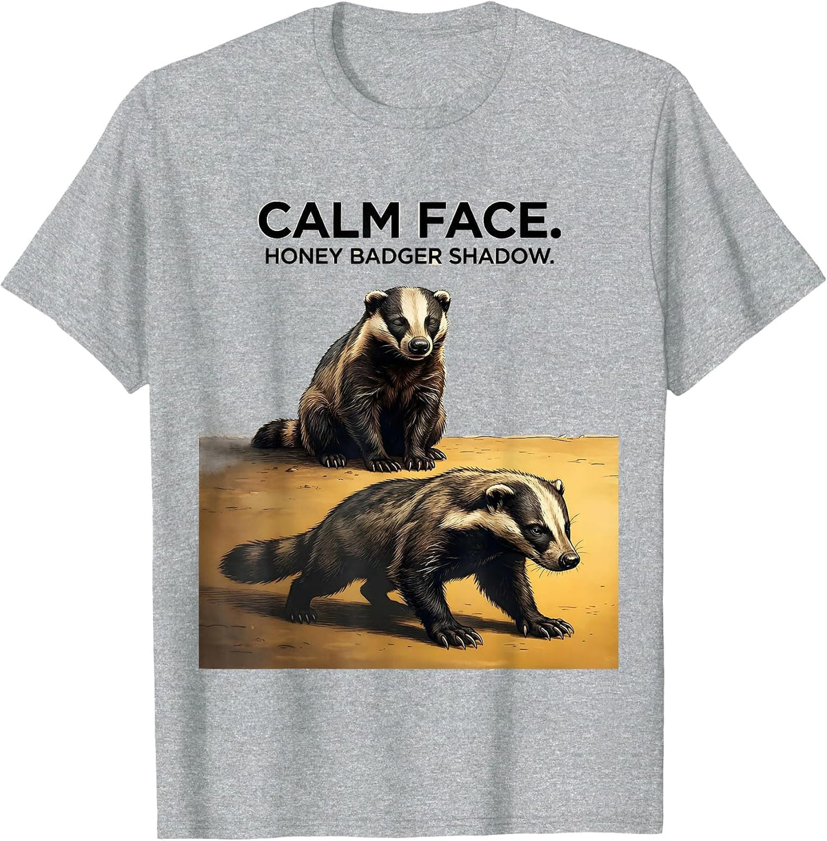 Men's Calm Face Honey Badger Shadow Funny Animal Lover Humor T-Shirt - Heather Grey