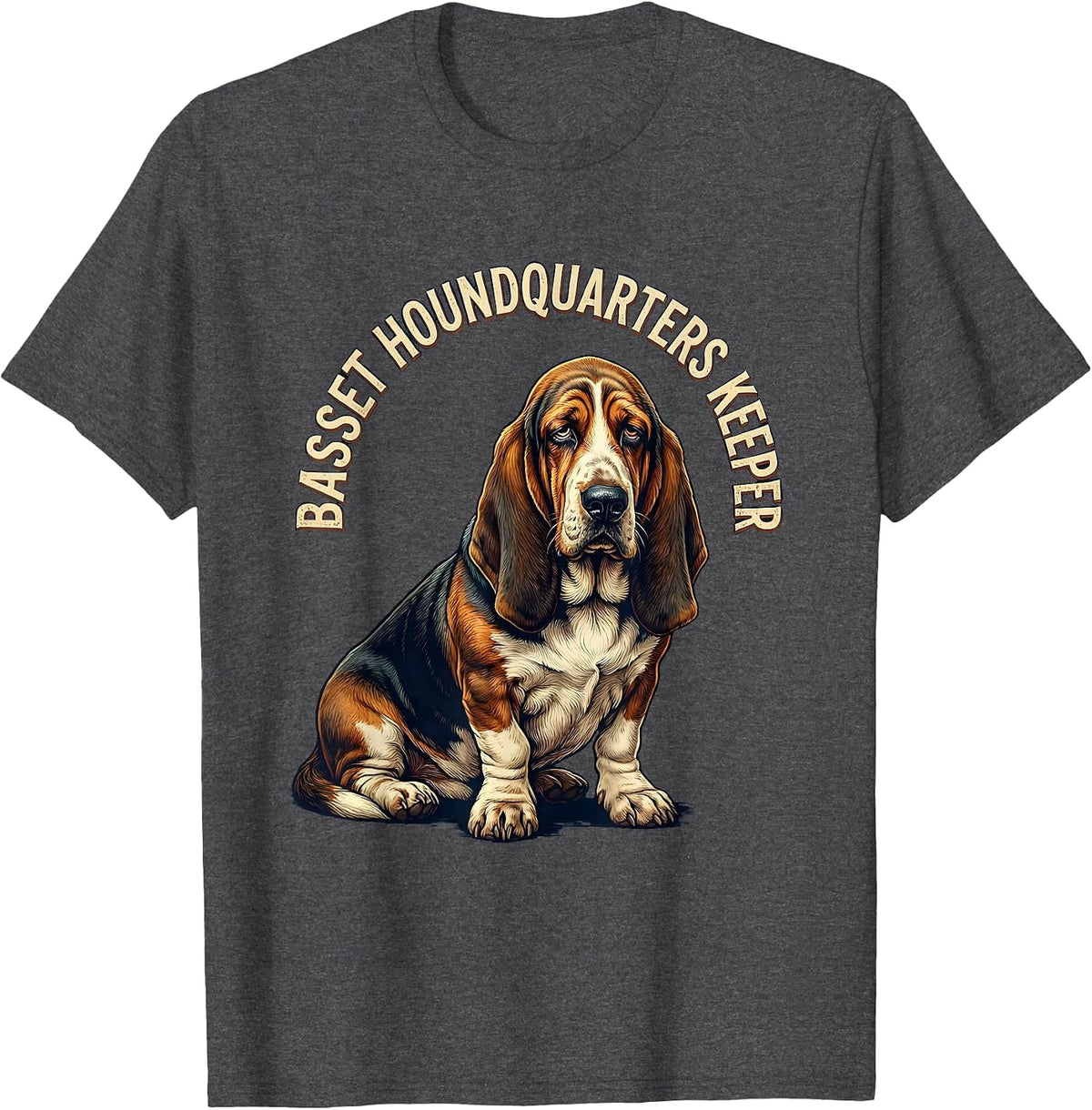 Basset Houndquarters Keeper Vintage Funny Dog Lover Gift T-Shirt - Dark Heather Grey