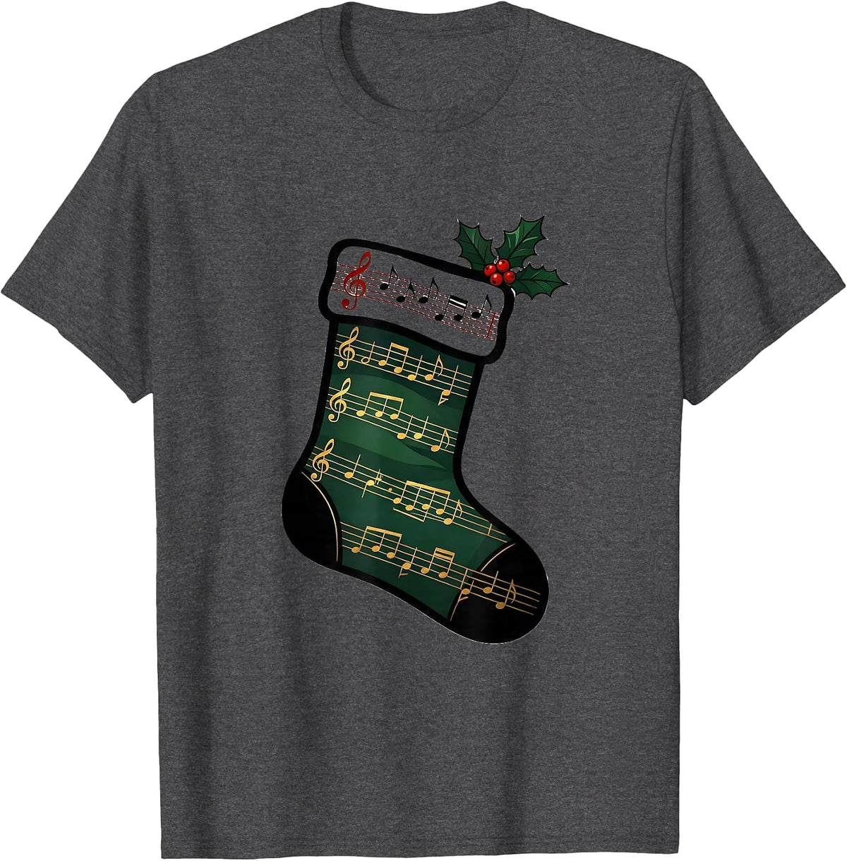 Christmas Stocking Musical Note Music Teacher Gift T-Shirt - Dark Heather Grey