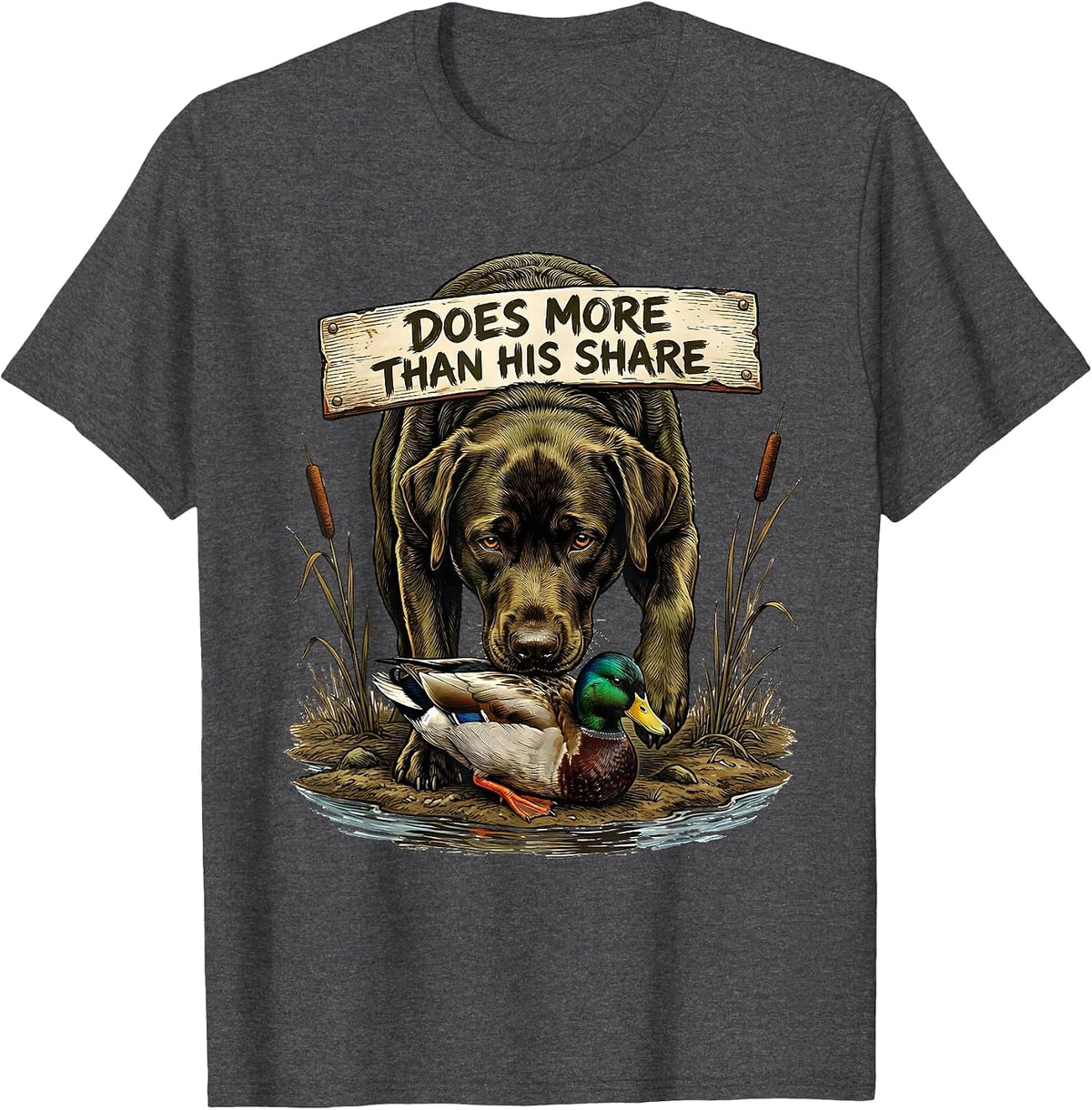 Does More Than His Share Labrador Hunting Dog Marsh Scene T-Shirt - Dark Heather Grey