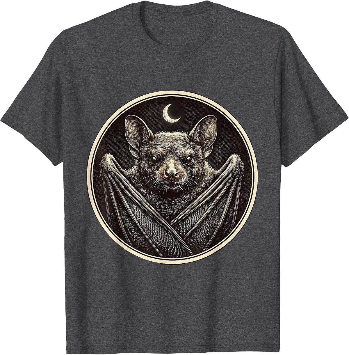 Bat Badge Crosshatch Etching Bat Lover Halloween Nature T-Shirt - Dark Heather Grey
