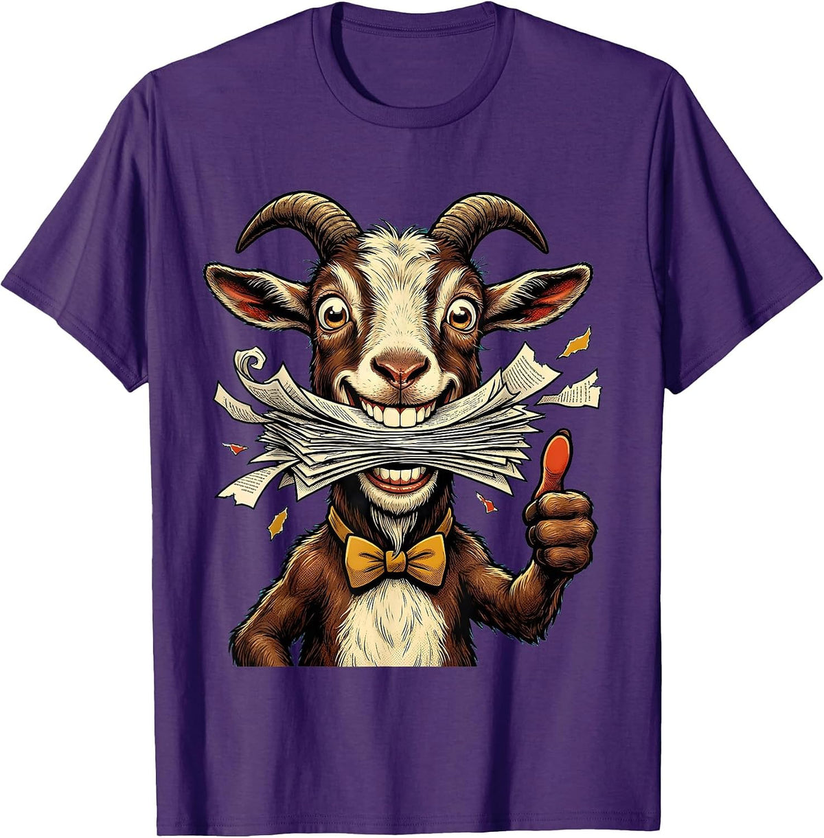Funny Goat Eating Homework Illustration T-Shirt - Purple