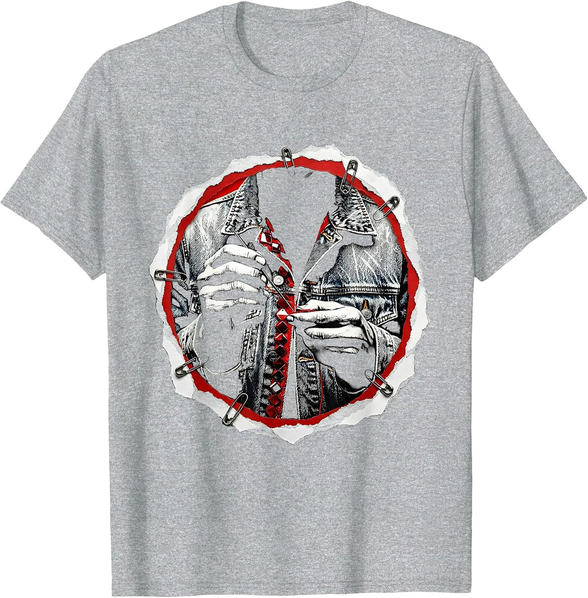 Men's Sequin Denim Jacket Sewing Graphic Tee T-Shirt - Heather Grey