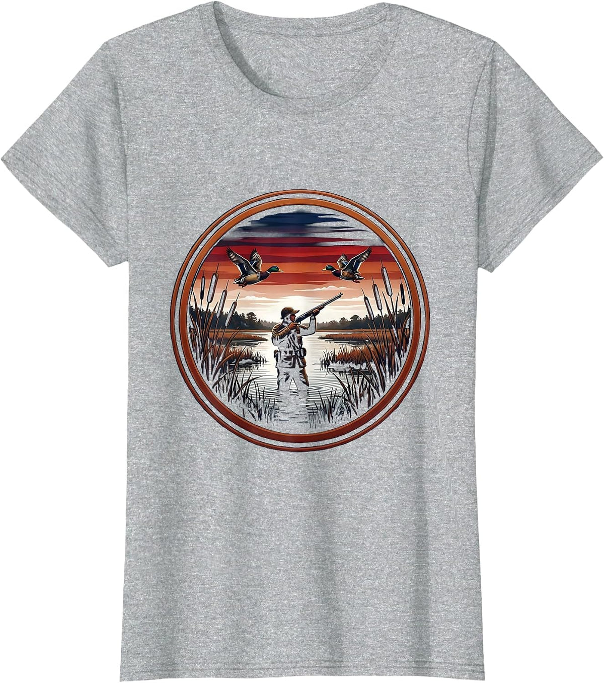 Women's Duck Hunter Rising from Marsh Reeds Illustration T-Shirt - Heather Grey
