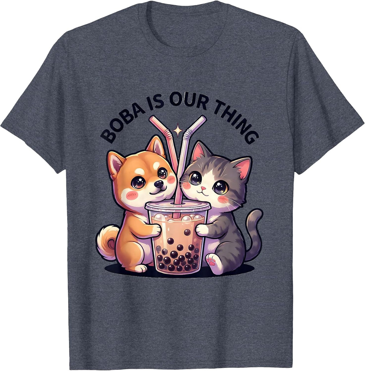 Boba Is Our Thing Cute Anime Kawaii Animal Bubble Tea Lover T-Shirt - Heather Blue