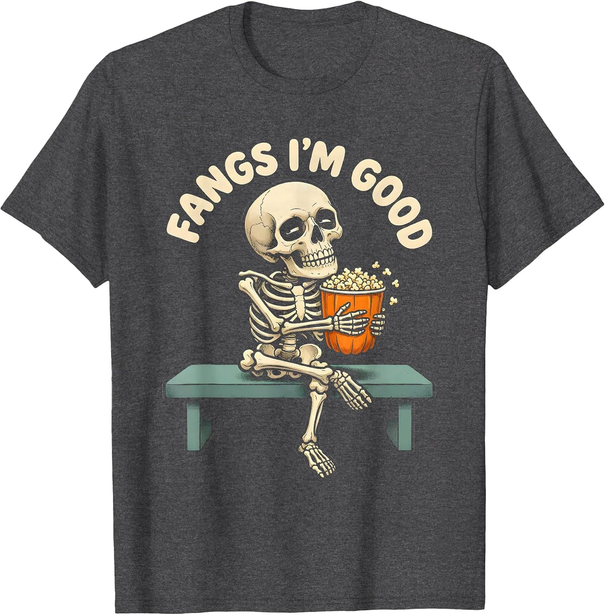 Men's FANGS I'M GOOD Funny Halloween Skull Dry Humor T-Shirt - Dark Heather Grey