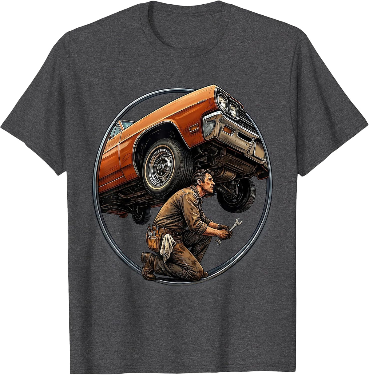 Mechanic Crouching Under Classic Car Illustration T-Shirt - Dark Heather Grey