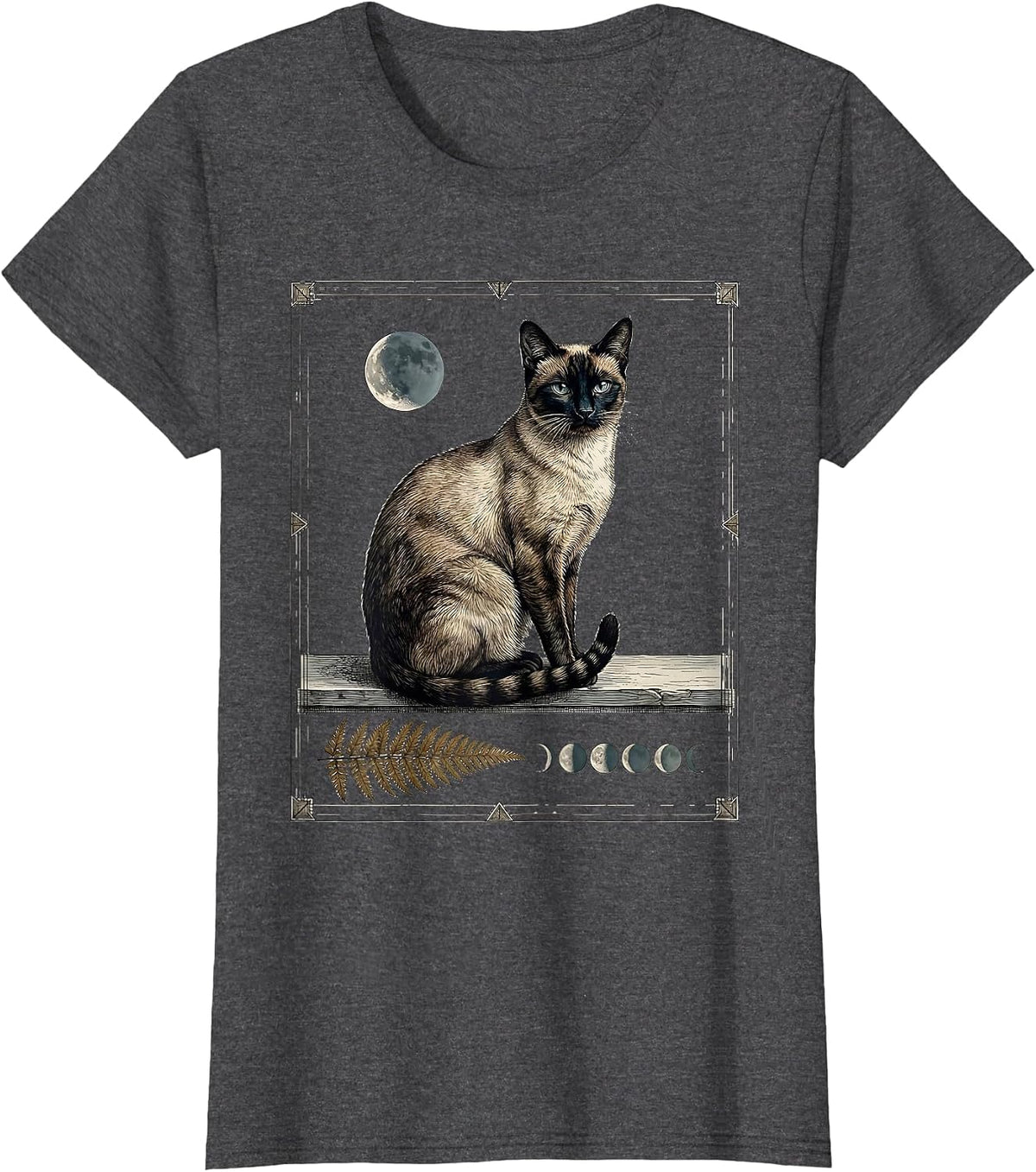 Women's Siamese Cat Moon Gazing 90s Retro Portrait T-Shirt - Dark Heather Grey