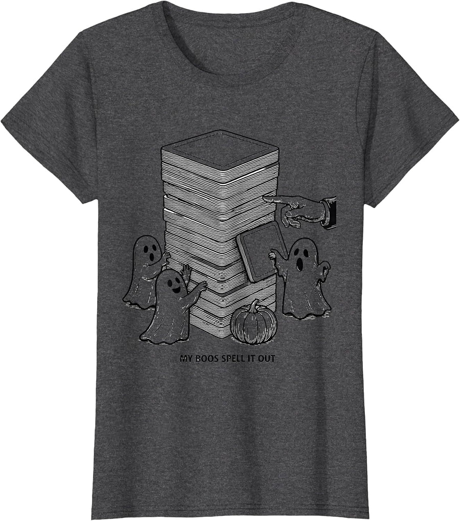 Women's My Boos Spell It Out Funny Teacher Ghost Halloween Costume T-Shirt - Dark Heather Grey