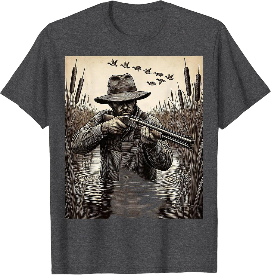 Men's Duck Hunter Wading in Marsh Graphic Tee T-Shirt - Dark Heather Grey