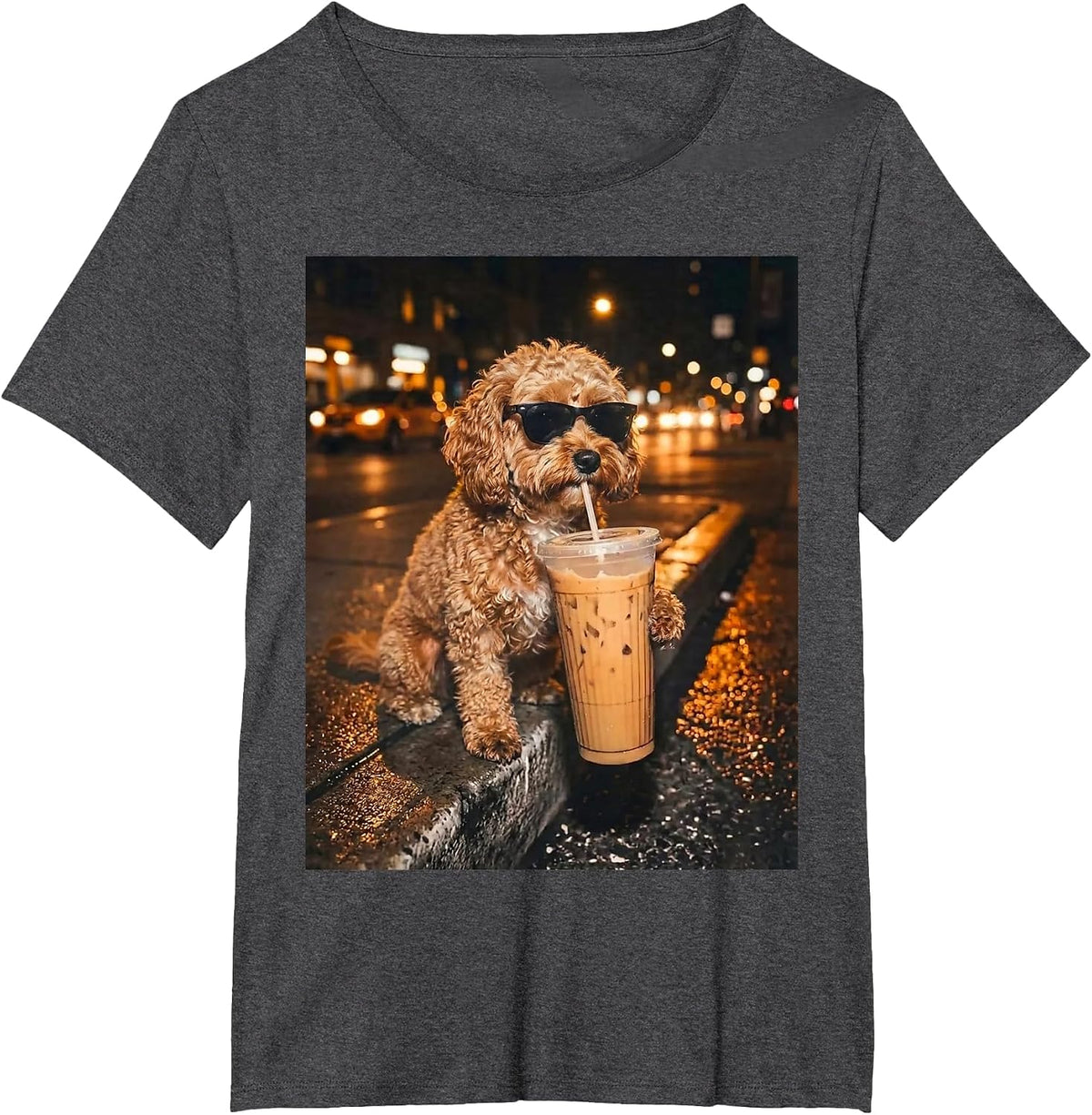 Cavapoo Drinking Iced Coffee Funny Dog Lover Animal Meme T-Shirt - Dark Heather Grey